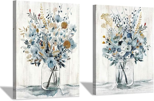 Hardy Gallery Floral Canvas Wall Art Prints: Abstract Blossom Flower Bouquet in Glass Bottle Picture Print on Canvas Small Size for Dining Room (12'' x 16'' x 2 Panels)