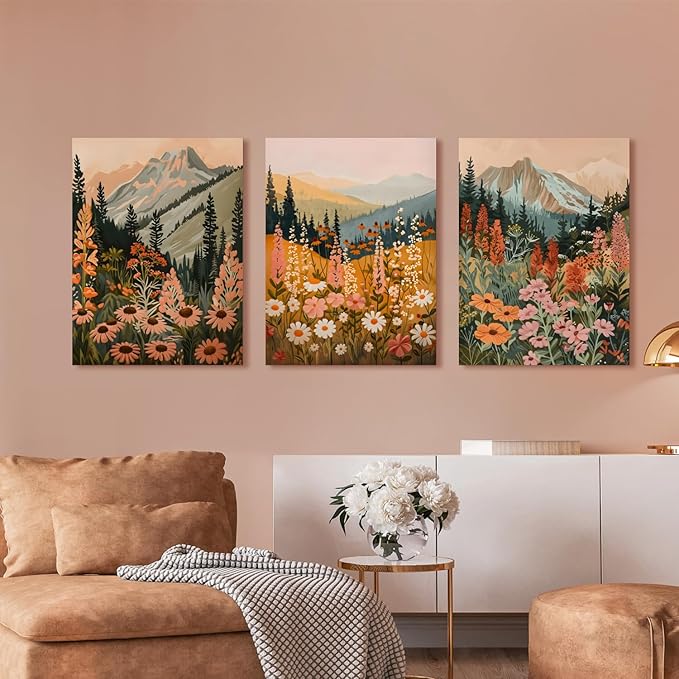 Hianan Boho Daisy Sunset Wall Art, Colorful Mountain Wildflower Wall Decor, Vintage Wildflower Canvas Painting, Modern Botanical Flower Aesthetic Picture for Bedroom Living Room Framed 16"x24"x3