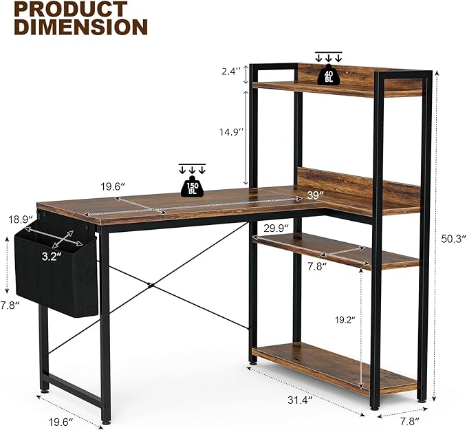 Grandder 47 Inch L Shaped Computer Desk with Reversible Storage Shelves, Home Office Corner Desk Study Writing Table with Hutch, Study, Rustic Brown