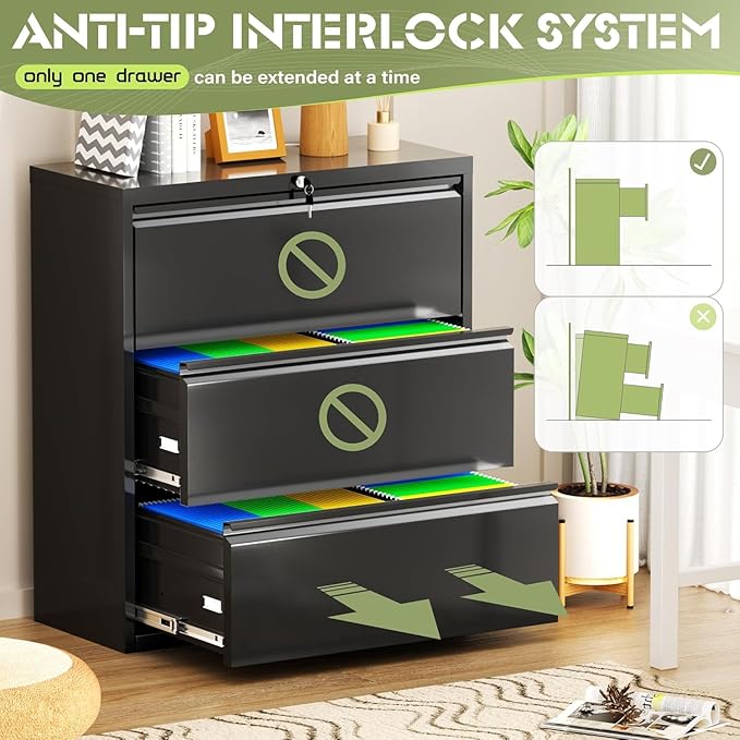 Incbruce 28" W 3 Drawer Lateral File Cabinet, 3 Drawer Lateral Filing Cabinet with Lock, Metal Wide Lateral File Storage Cabinet for Home, Office, Fit A4/F4/Letter/Legal File (Black)