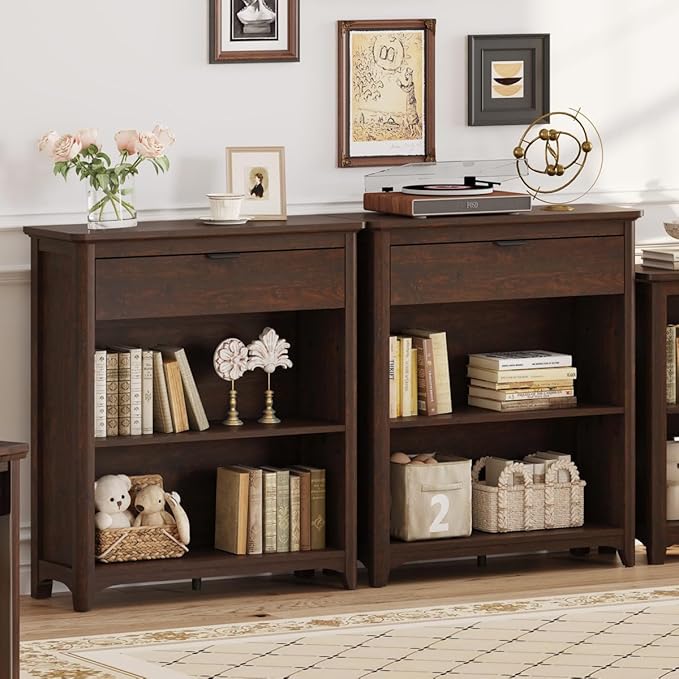 BON AUGURE Bookcase with Drawer, Open Storage Book Cases/Shelves, Floor Standing 3 Shelf Bookshelf for Farmhouse Living Room, Library Office, Bedroom, Kids (Brown Cherry)