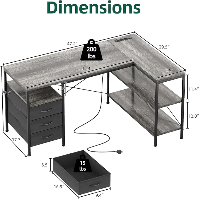 MUTUN L Shaped Computer Desk with 3 Drawers & Power Outlets, 47 Inch Corner Desk with Reversible Storage Shelves, PC Table for Home Office Bedroom (Grey, 47 Inch)