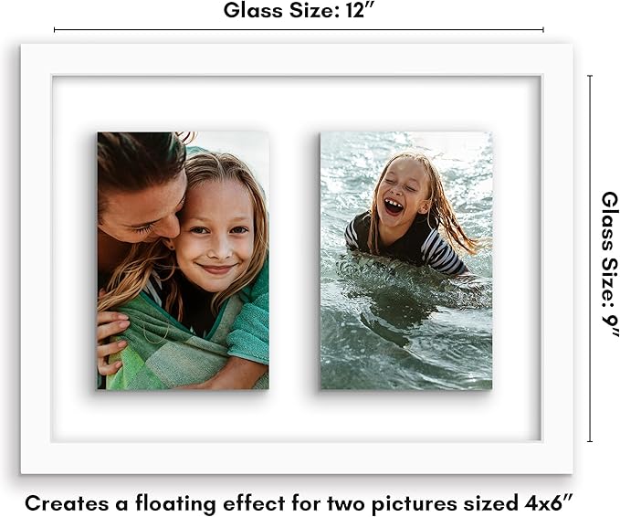 Americanflat 4x6 Double Picture Frame with Shatter-Resistant Glass - Fits Two 4x6 Photos or use as One 9x12 Picture Frame - Signature Collection - Collage Frames with Floating Effect for Wall - White