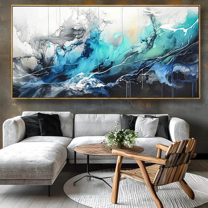 Wall Art Abstract Canvas Painting Teal Blue Modern Artwork for Living Room Bedroom Dining Room Home Office Decor 30"x60" with Framed
