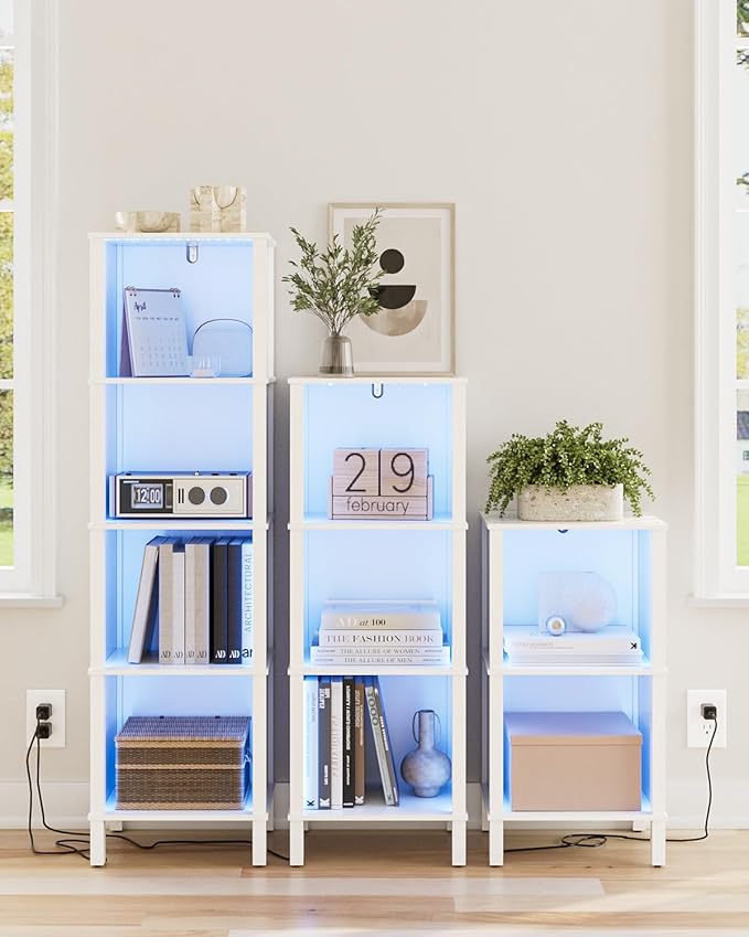 Bookshelf with LED Lights, Modern 3-Tier Bookcase, Open Storage Book Shelf, 11 × 14.2 × 38.9 Inches, Small Narrow Bookshelves for Living Room, Home Office, Bedroom, White