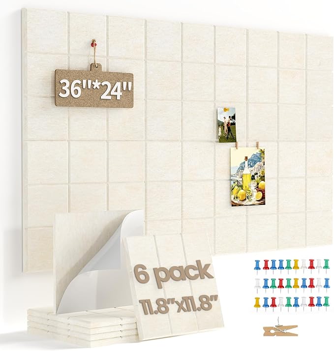 Large Felt Bulletin Board for Walls: 6-Pack Black Cork Board Alternative 11.8x11.8 Inch Peel and Stick Pin Board Wall Decor for Home Organization, Office Memo Board, Self-Adhesive Wall Tiles