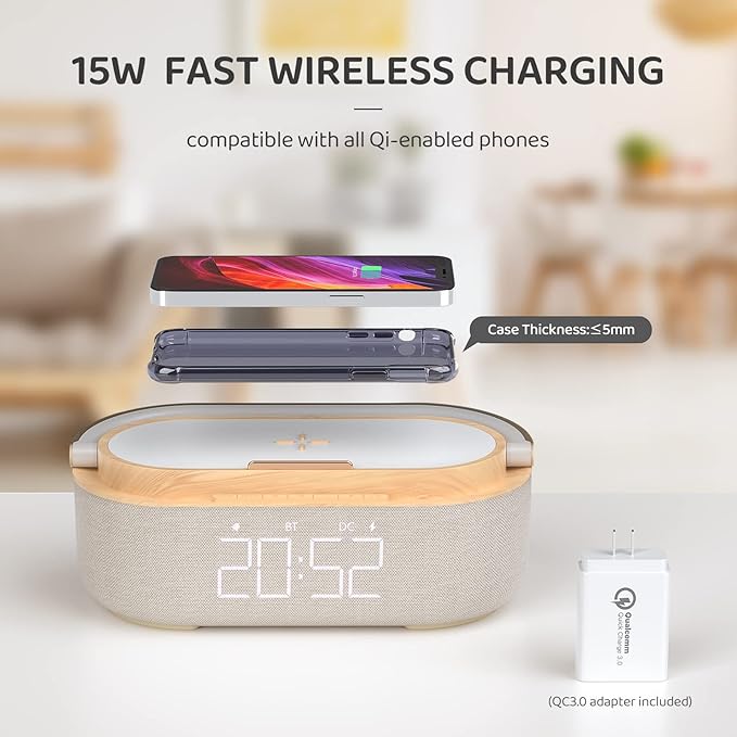 COLSUR Bluetooth Speaker Alarm Clock with Wireless Charger, FM Radio, Adjustable LED Night Light, 6 in 1 Bedroom Portable Speaker 2500mAh, Phone Stand for Bedside, Home, Office, Gift (Wood)
