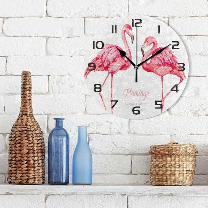 Qilmy Flamingo Wall Clock Non Ticking Silent Art Decorative Round Clock for Living Room Kitchen Bedroom Office School