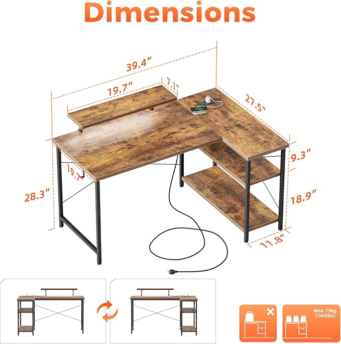 Mericonia Small L Shaped Computer Desk with Power Outlets, Reversible Gaming Desk with Storage Shelves & Monitor Stand, Corner Gamer Desk Table, Study Writing Table