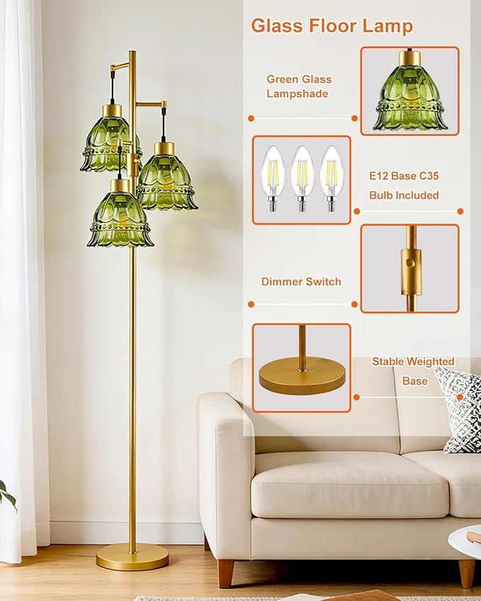 Lightdot 3-Lights Glass Floor Lamp Dimmable Gold Floor Lamp with Green Glass Shade 3000K Bulbs Included Unique Modern Standing Tall Lamp for Living Room/Bedroom/Sofa Beside/Corner Decor