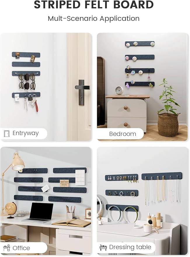 Fluxynara Cork Board Alternative Felt Strip Board 8-Pack 13"x2", Office Pin Board with 50 Push Pins, Adhesive Install for Bedroom Door & Home Office(Denim Blue)
