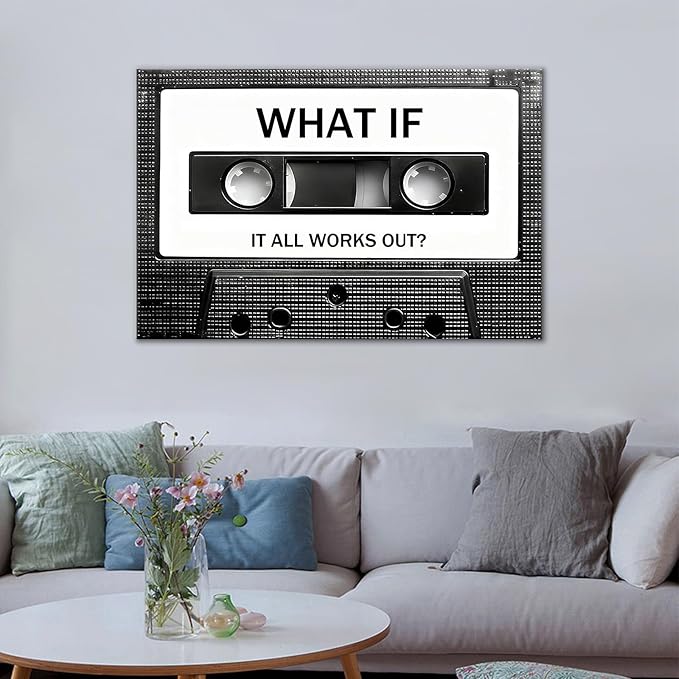 Inspirational Poster Wall Art Decor What If It All Works Out Motivational Quotes Printed on Canvas Vintage Cassette Tape Picture Painting Artwork for Modern Home Living Room Ready to Hang [24" Wx36 H]