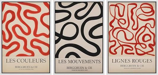 SIGNFORD Framed Wall Art Print Set French Modern Abstract Line Red and Black Curved Shapes Digital Art Modern Art Contemporary for Living Room, Bedroom, Office - 24"x36"x3 WHITE