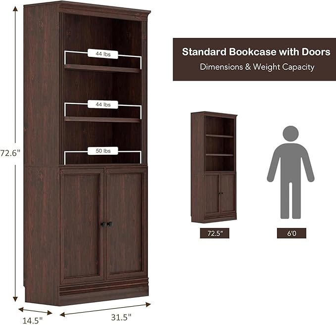 JAHRSTIM Halston Standard w/Doors Bookshelves and Bookcase Floor Standing 5 Tier Adjustable Shelves Organizer and Storage, 72in Tall Bookshelf for Home Office, Living Room, Bed Room, Kitchen, Cherry