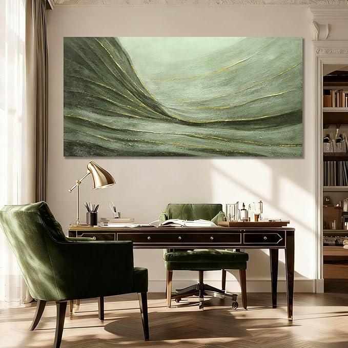 MLART99 Oversized Green and Gold Abstract Wall Art 29x58 Inch Modern Canvas Painting Minimalist Large Artwork for Living Room Bedroom Office Above Sofa Home Decoration