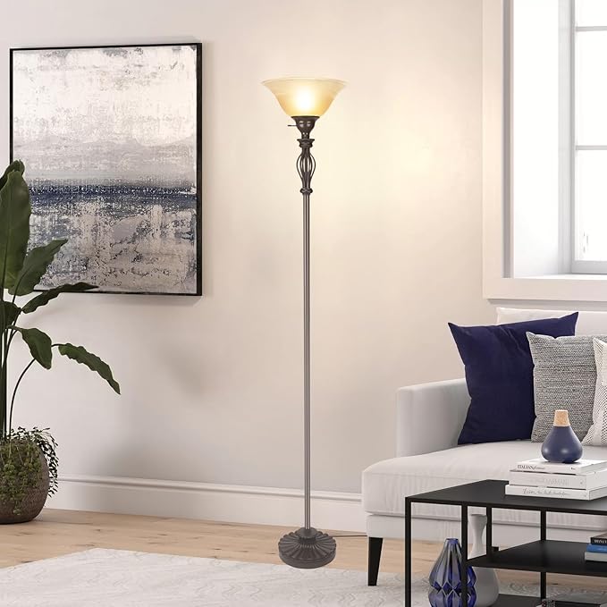 Torchiere Floor Lamps for Living Room, Standing Lamp with White Alabaster Glass Shade, Corner Floor Lamp Pole Lamp - Elegant Floor Lamp for Bedrooms with No Bulb (Brown)