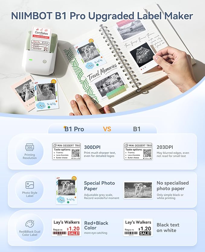 NIIMBOT B1 Pro Label Maker with 1 Roll Label, 300 DPI HD Bluetooth Thermal Label Printer for Home Office Small Business Organization, for DIY Crafts, Scrapbook, Photos, Meomo, Green
