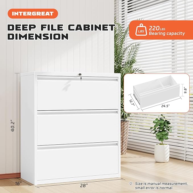 INTERGREAT 3 Drawer File Cabinet, Metal Lateral Filing Cabinet for Home Office, Locking Horizontal File Cabinets for Hanging Files Letter/Legal/F4/A4 (White)