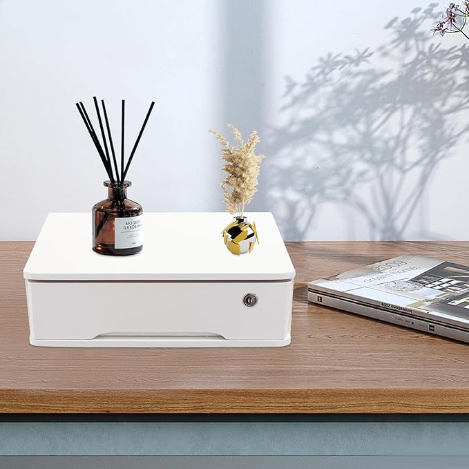 Wooden Desktop Storage Box with Lockable Drawers Office Supplies Drawer Organizer Receipt File Organizer Flat File Cabinet for Office Study Desk Front Desk (White, 1 Drawer)