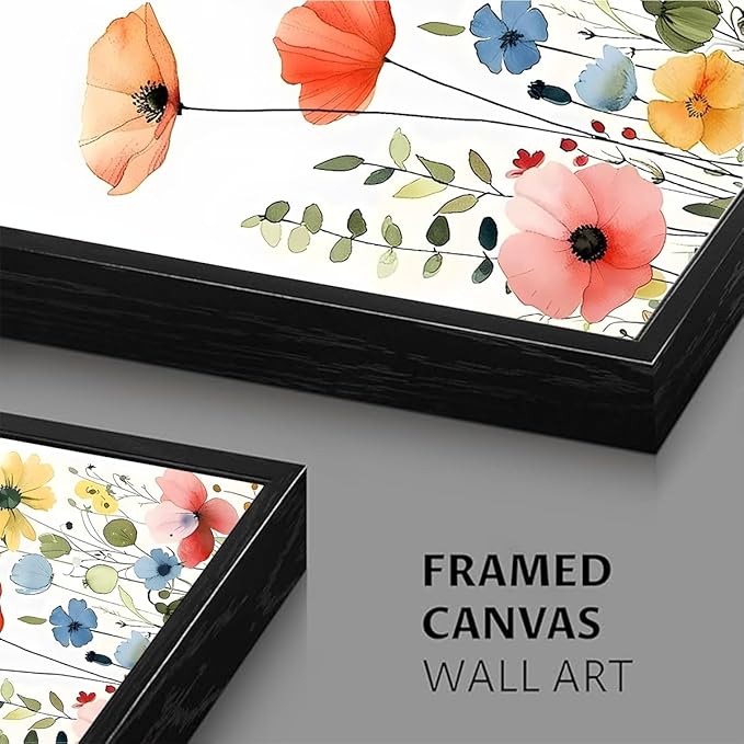 KISSFOX Framed Colorful Wildflower Canvas Wall Art Set Of 3 Flowers Pictures Prints Flowers Printing Floral Watercolors Flower wall Decor Living Room Girls Bedroom Bathroom