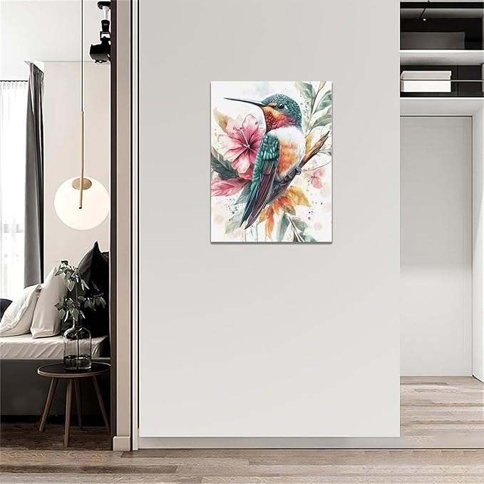 Watercolor Hummingbird Wall Art Country Flower Bird Pictures Wall Decor Colorful Canvas Painting Modern Home Artwork Decorations for Bathroom Bedroom Living Room Office Framed 12"x16"