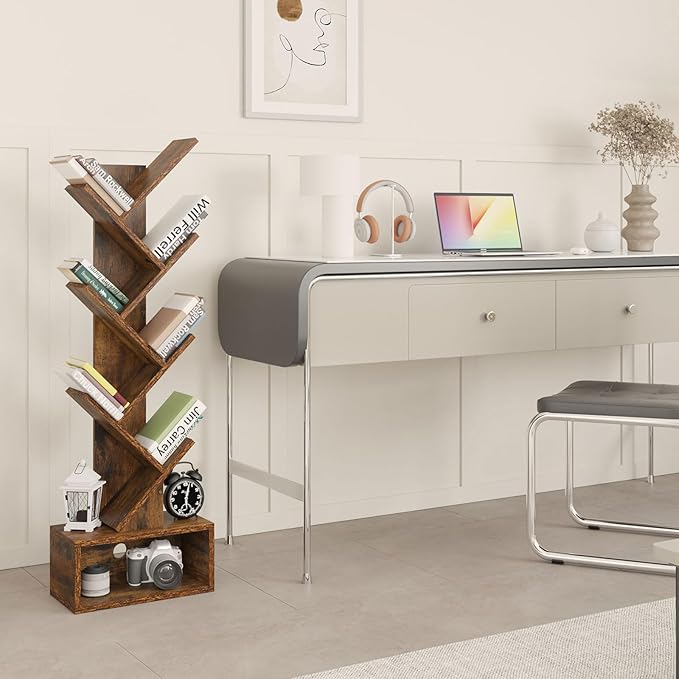 YMYNY 6 Tier Tree Bookshelf, Tall Bookcase, Wood Book Storage Rack with Drawer, Modern Floor Standing Book Shelf for Books/Movies/CDs, Utility Organizer for Living Room, Office, Rustic Brown UHBC016H