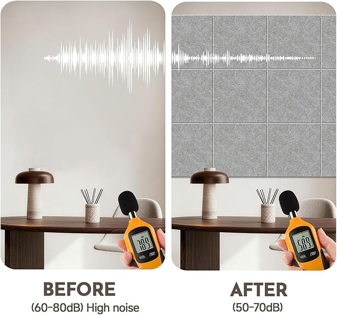 MISSDAY Dark Grey Acoustic Wall Panel Large Felt Bulletin Board 48" x 36" Cork Board for Wall, 12-Pack Boards with 72 Adhesive Tabs, 50 Pins, Pin Board for Home Office Classroom Soundproof Wall Tile