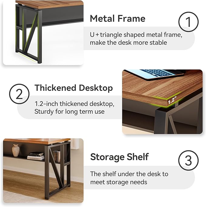 LITTLE TREE 63-Inch Executive Office Desk, Large Computer Desk with Storage Shelf, Executive Desk with Metal Frame, Study Writing Desk Work Station for Home Office, Brown + Black