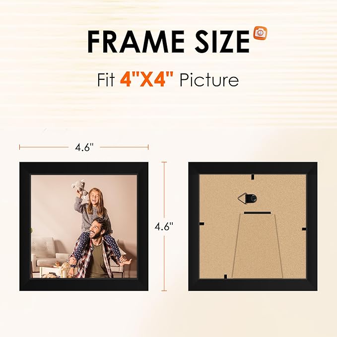 FIXSMITH 4x4 Picture Frame Set of 4, 4x4 Photo Frames with HD Plexiglass for Wall Hanging or Tabletop Display, Black