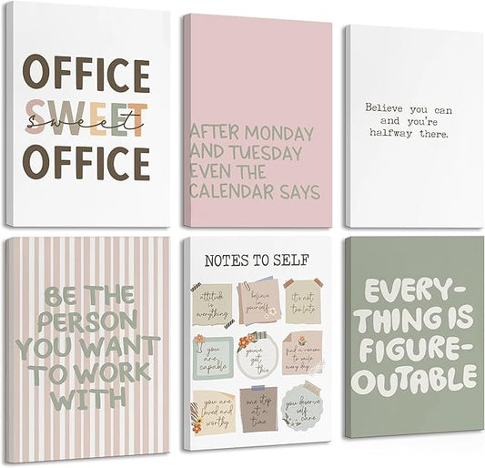 Office Inspirational Wall Art,Teamwork Motivational Wall Decor for Office,Workplace Canvas Wall Art Set of 6,Inspiring Quotes Poster Prints 12x16In
