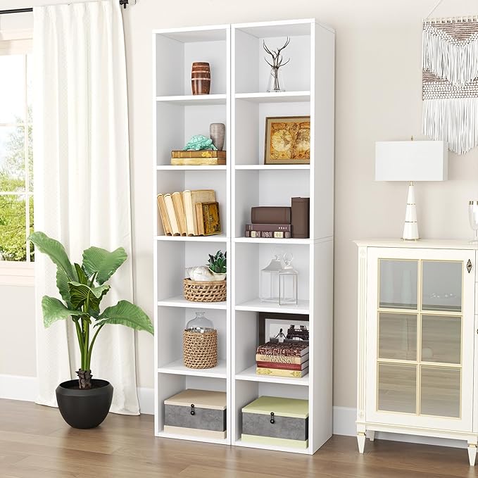 Narrow Bookshelf & Bookcase Set of 2, 6-Tier Floor Standing Open Book Shelf, Modern Corner Bookshelf with Storage Space, 71.5" Tall Bookshelves for Bedroom, Living Room and Office, White