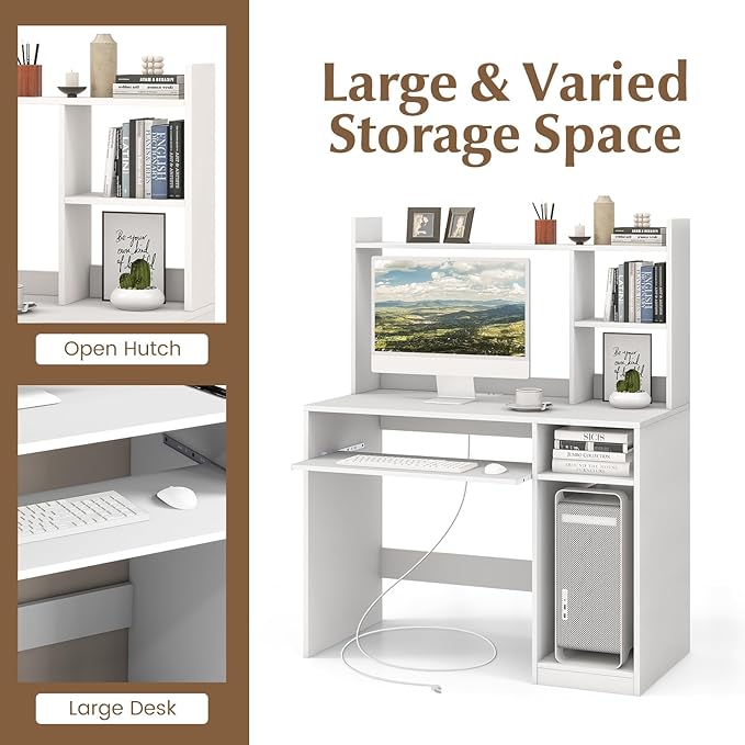 White Computer Desk with Hutch, Wood PC Table w/Power Outlet, Keyboard Tray and CPU Stand, Modern Writing Desk with Bookshelf for Bedroom, Simple Work Table for Home Office