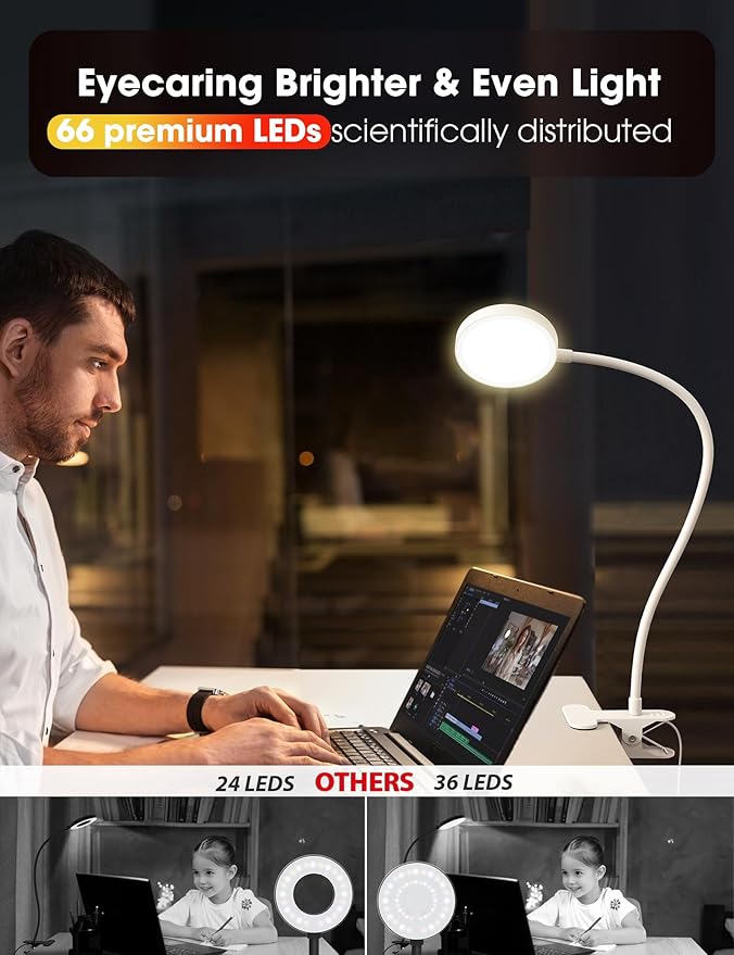 Bed Lamp Clip on Light 8W 66 LED Reading Light for Bed, 5 Colors 10 Brightness Dimmable, Eye Caring Metal Reading Lamp, Clip lamp for Bed Headboard Desk Home Office Dorm(White)