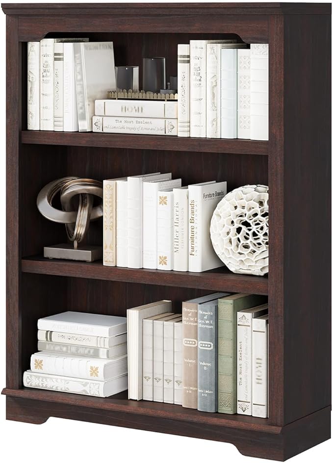 HIFYOBRO 3 Tier Bookshelf, 31.5" Wide Wooden Book Shelf, 42" Tall Bookcase, Freestanding Open Display Storage Bookshelves for Study Room, Home Office, Living Room(Cherry)