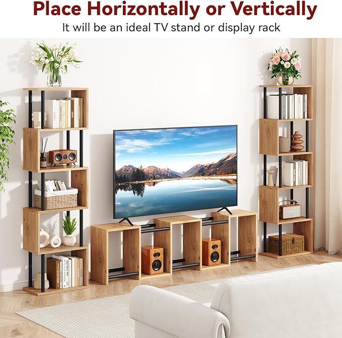IBUYKE 6-Tier Tall Bookshelf,S-Shaped Geometric Bookcase, Wood Display Shelves with Storage,Modern Bookshelf for Living Room Bedroom, Home Office,Oak WBC016K