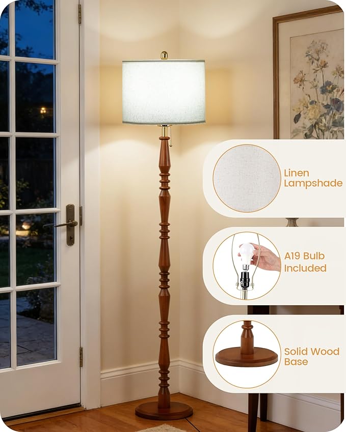 65" Oak Wood Floor Lamps for Living Room with Adjustable Color Temperatures, Farmhouse Floor Lamp with Pull Chain Switch, Tall Standing Lamp for Bedroom, Dining Room, Rustic Brown VE27LD05