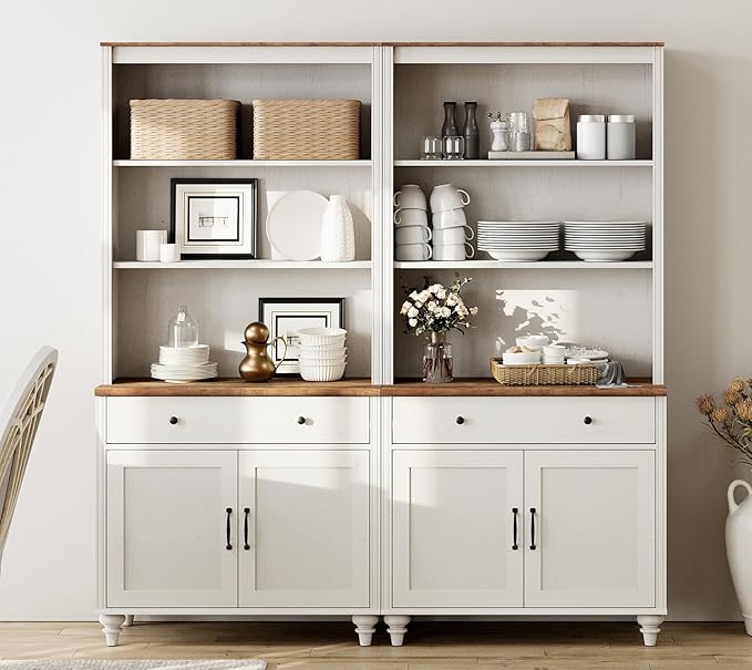 WAMPAT White 5 Tier Bookcase 72" Tall Bookshelf with Barn Doors, Farmhouse Large Display Book Shelf with 2 Drawers and Storage Cabinet, Morden Library Wood Bookshelves for Living Room,Kitchen, (2PCS)