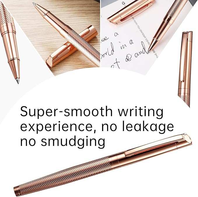 Rollerball Liquid Ink Signature Pens for Women Luxury Box Gel Black Ink Fancy Pen Refillable for Executive Office,Professional,Birthday Nice Gift Penset Rosegold