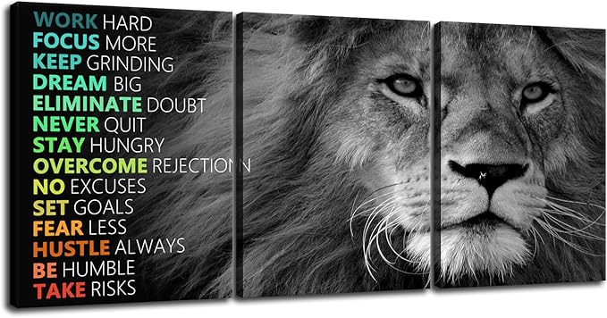 Inspirational Lion Wall Art 3 Pieces Poster Motivational Canvas Positive Wall Art Quotes Success Canvas Artwork Picture Print Framed for Home Office Living Room Gym Wall Decor [36''Wx 16''H]
