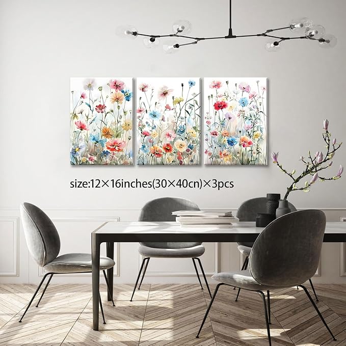 KISSFOX Framed Colorful Wildflower Canvas Wall Art Set Of 3 Flowers Pictures Prints Flowers Printing Floral Watercolors Flower wall Decor Living Room Girls Bedroom Bathroom