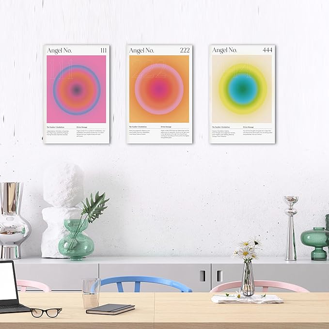 Colorful Gradient Aura Angel Numbers Poster Canvas Print Artwork Room Decor for Bedroom Aesthetic, 3 Piece Framed Inspirational Minimalist Art Paintings Decor for Bedroom Office 12"x18" x 3 Pcs