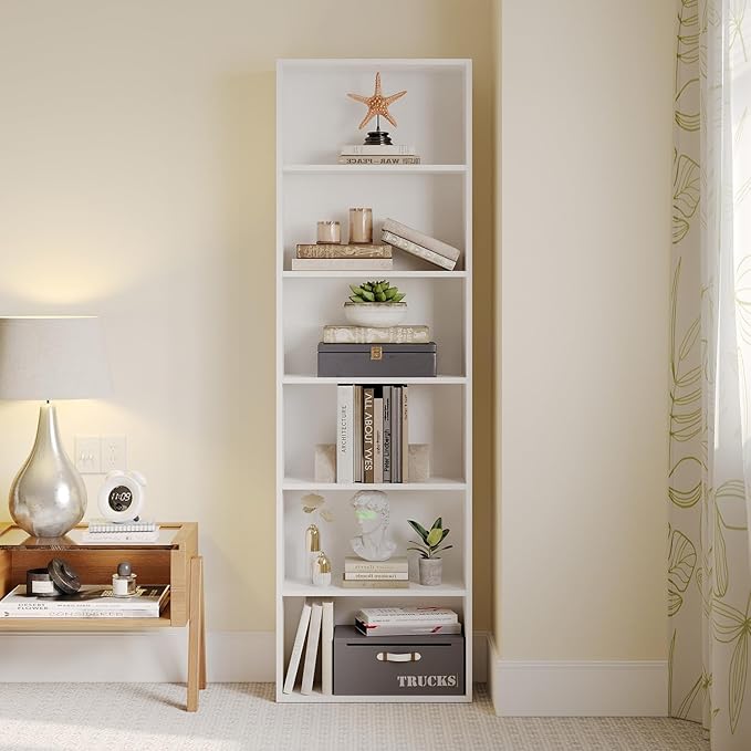 MXV Bookshelf Set of 2, 6 Tier Bookcase, Book Shelf Open Storage Organization, Floor Standing Display Bookshelves and Office Storage Stand for Living Room, Home Office, Dinning Room, White