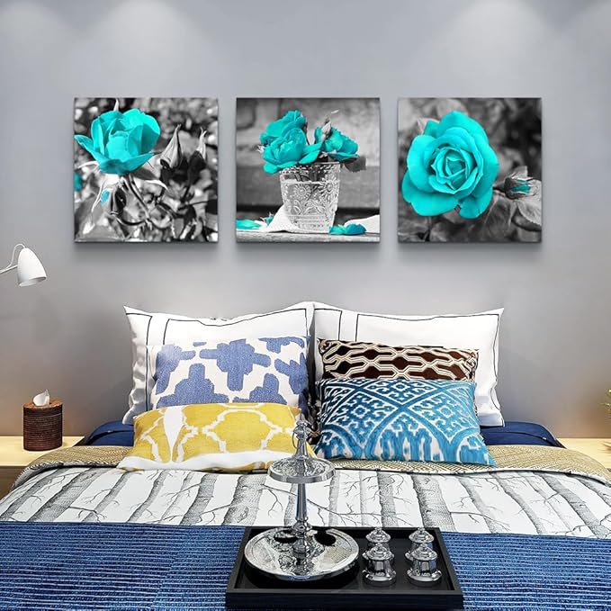 Lapremoly Canvas Wall Art For Bedroom Large Wall Decor For Living Room Black And White Wall Paintings Blue Rose Flowers Pictures Framed Canvas Prints Ready To Hang Room For Girls Home Decoration