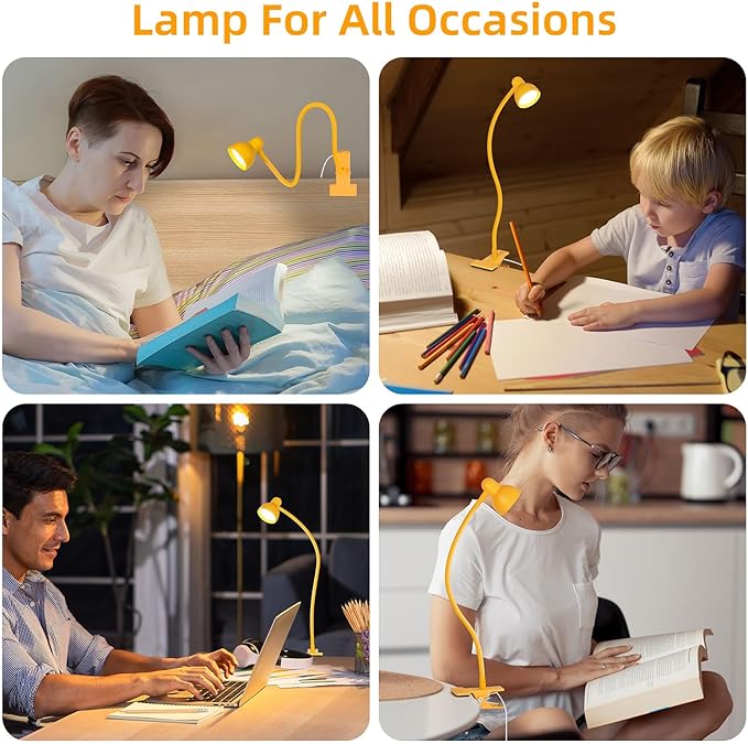Clip on Reading Light for Bed 3 Color Modes, 10 Brightness Dimmable, Flexible Gooseneck Clip on Lamp, Eye Care Clip Light for Bed Headboard Desk Home Dorm, Yellow