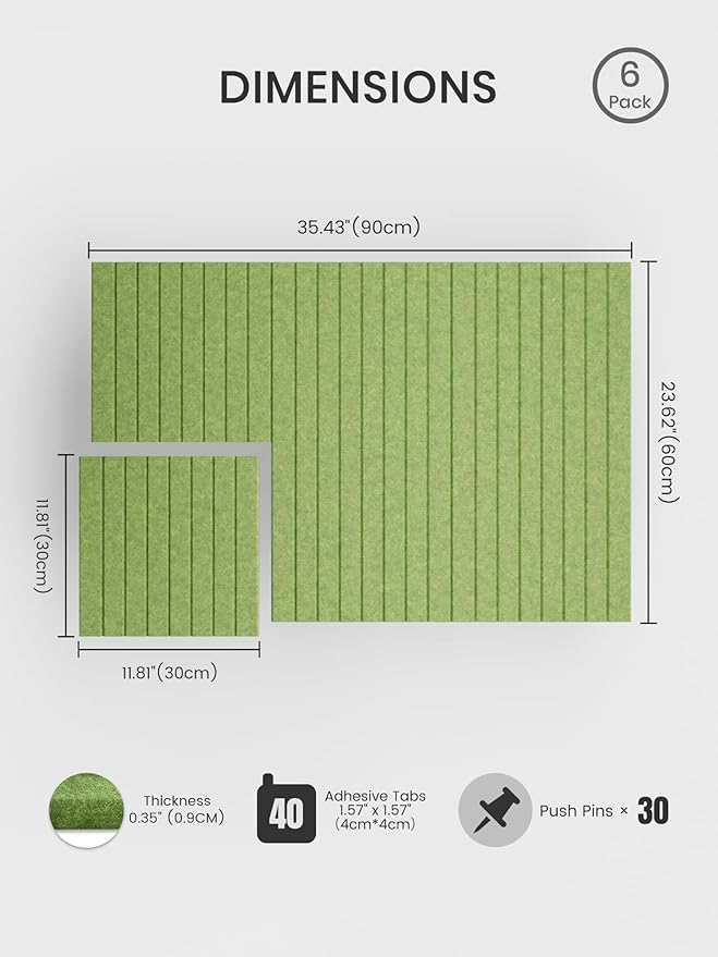 Bumusty Large Cork Board Alternative-36 x 24" Felt Bulletin Board Tiles, with 30 Pushpins, 40 Adhesive Tabs, 6-Pack Slat Wall Paneling, Cork Boards for Office Push Pin Board Felt Board-Kelly Green