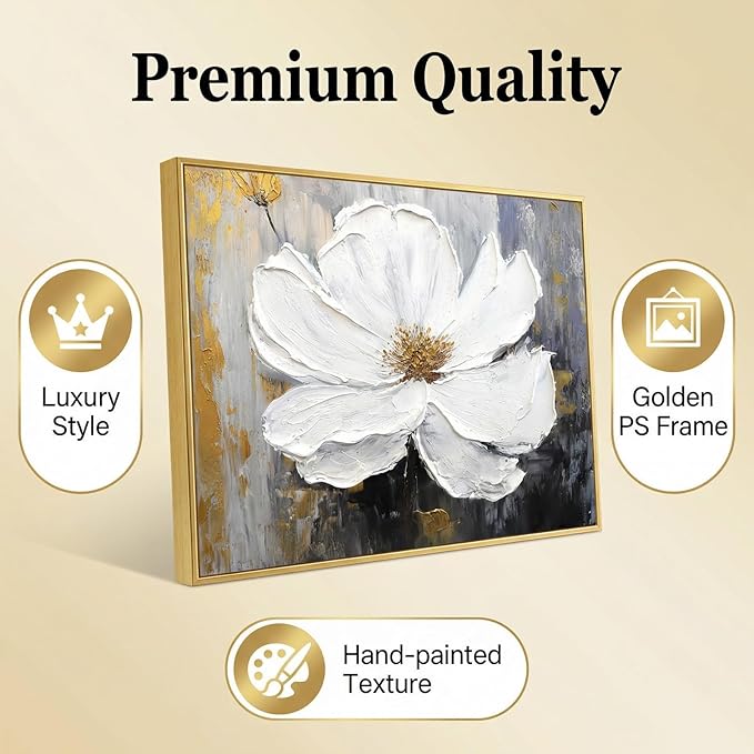 3 Pcs Hand-Painted Floral Canvas Wall Art for Living Room | 3D Textured Abstract White Flower Paintings with Gold Frames for Bedroom | Ready to Hang Modern Luxury Wall Decor for Office (24x64 Inches)