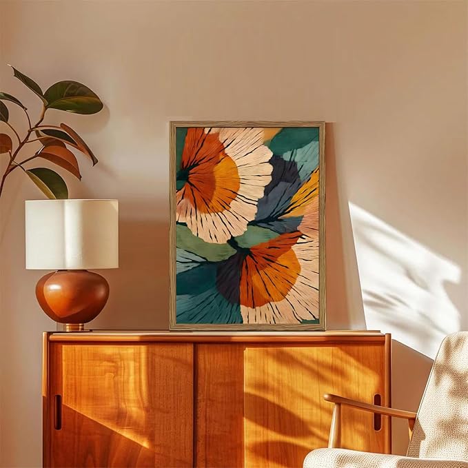 Framed Abstract Floral Wall Art, Boho Vintage Flower Pictures Wall Decor, Mid Century Modern Botanical Paintings Canvas Prints for Living Room Bedroom Office 12x16 inch