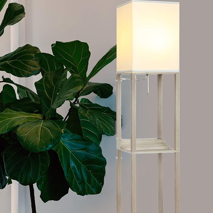 Brightech Maxwell Charger - Modern Shelf Floor Lamp with USB Charging Ports & Electric Outlet - Corner Display Floor Lamps with Shelves for Living Room, Bedroom and Office - Rustic Wood