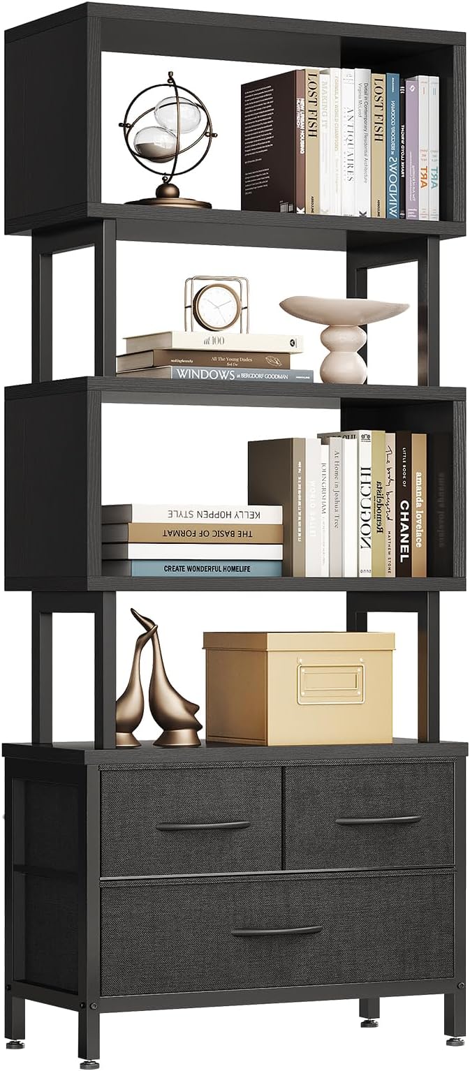 Casaottima 7 Tier Bookshelf, Tall Geometric Bookcase with Fabric Drawers, Modern Display Book Shelves Book Case for Living Room Bedroom, Wood Decorative Standing Shelving Unit for Home Office, Black
