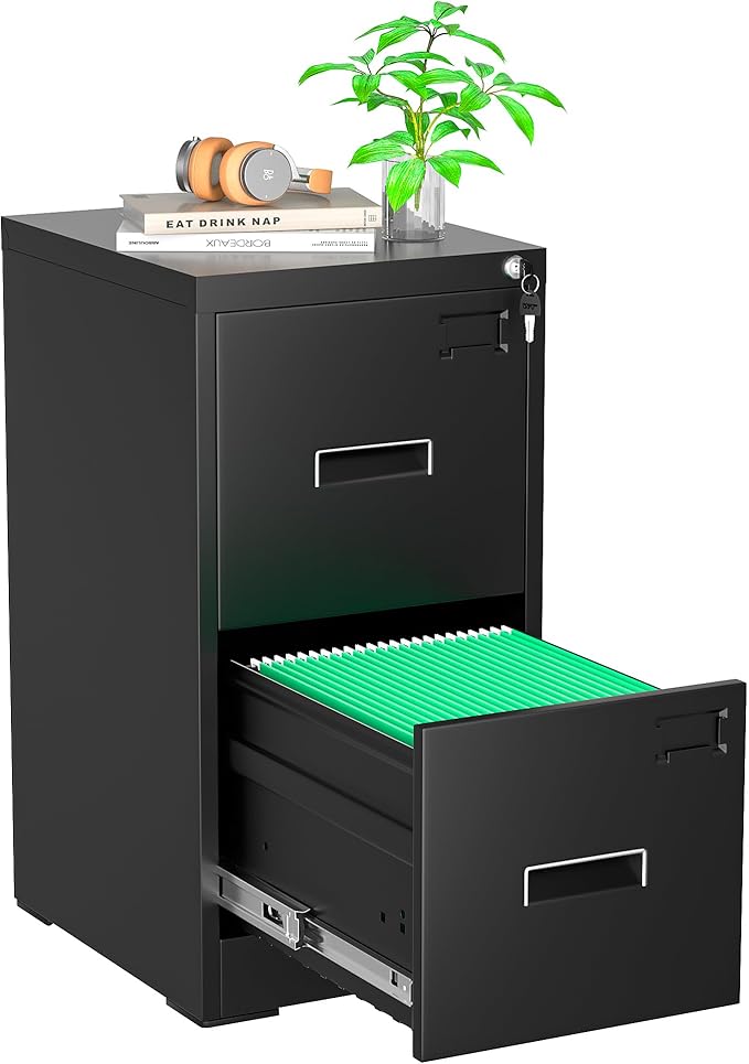 Pataku 2 Drawer File Cabinet with Lock, Sturdy Metal Vertical Filing Cabinets for Home Office, Under Desk Paperwork Storage Fully Extendable Slides Letter Legal A4 Size 18x15x28 Inches, Black